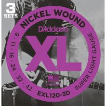D'Addario EXL120-3D Nickel Wound 9-42 Electric Guitar Strings (3 sets)